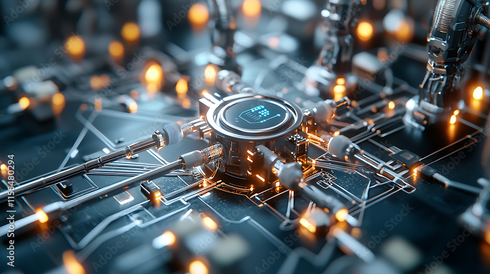 Poster innovative technology development futuristic lab digital art high-tech environment close-up perspect