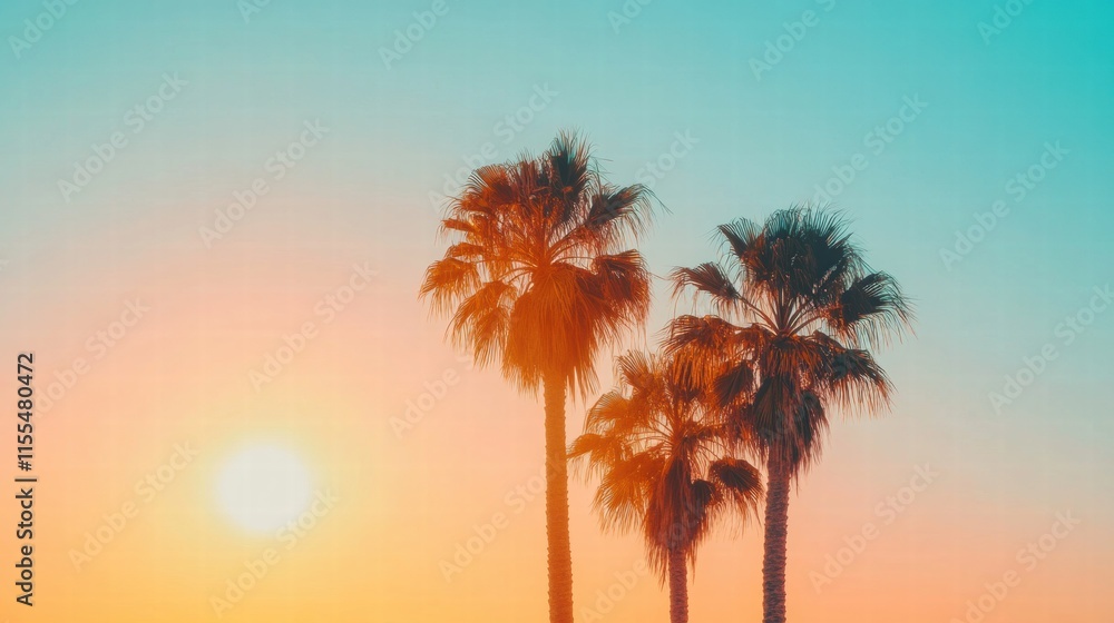 Poster sunset over palm trees with pastel sky colors creating a serene and minimalist atmosphere during the