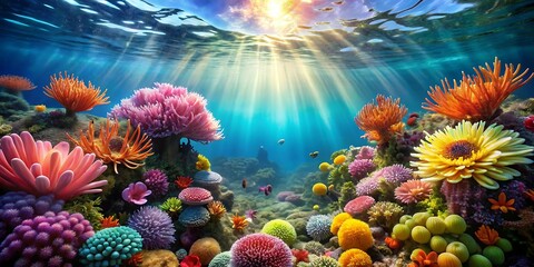 Tropical Underwater Blossoms: Exotic Flowers with Coral and Sea Anemones in Glowing Waters