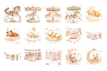 Cute and charming illustrations featuring teddy bears, carousel horses, and baby clothes in soft pastel colors