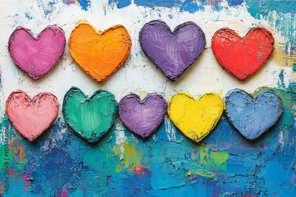 Poster brightly colored hearts arranged in two rows showcase artistic creativity and vibrant design element