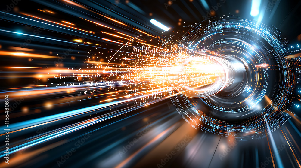 Poster dynamic light burst futuristic tunnel digital art high-tech environment abstract perspective motion 