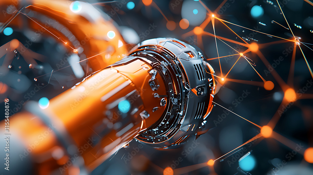 Poster robotic arm innovation tech lab digital art futuristic environment close-up view automation concepts