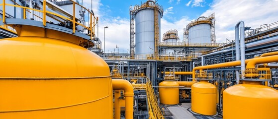 Industrial facility with large yellow tanks and pipelines under a blue sky.