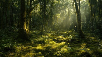 Fototapeta premium Sunlit Mossy Forest: A Mystical Green Haven