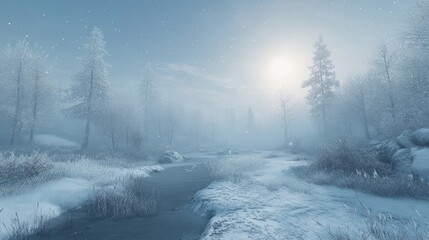 Serene winter landscape with snow-covered trees, frozen creek, and soft sunlight.