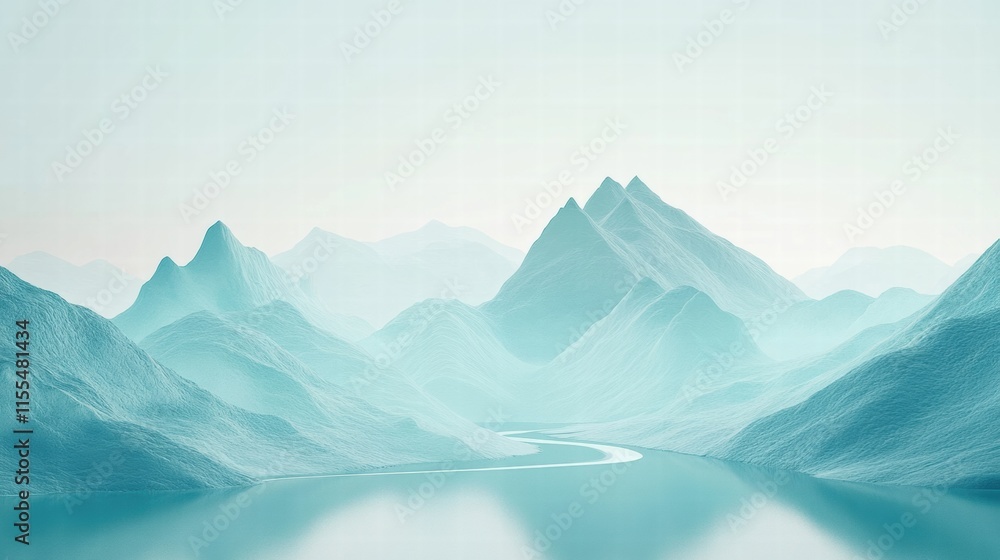 Poster Mountain range with a winding river in a minimalist setting for customizable text and copy space. Generative AI