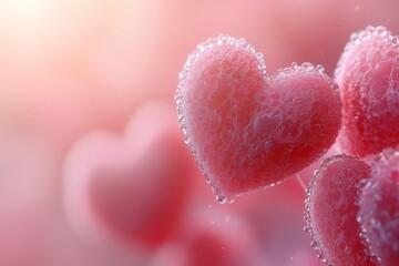 Obraz premium Colorful heart shapes with sparkling droplets captured during a serene afternoon light