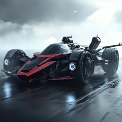 Futuristic red and black race car on track.