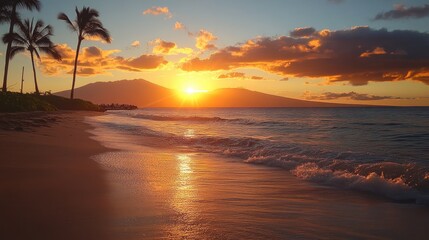 Vibrant sunset over tropical beach with palm trees and ocean waves. (1)