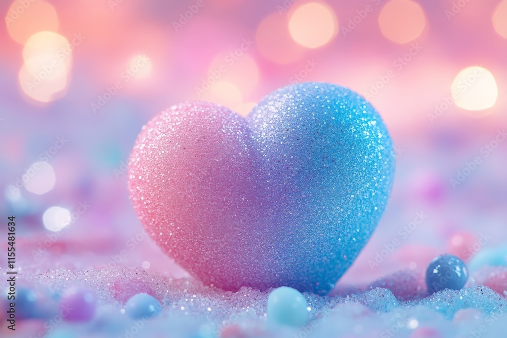 Poster sparkling pastel heart sits on a colorful surface filled with soft textures and shimmering details