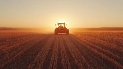 Sunset Tractor Silhouette in Golden Field