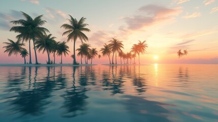Idyllic sunset over tropical island with palm trees reflecting in calm ocean water.