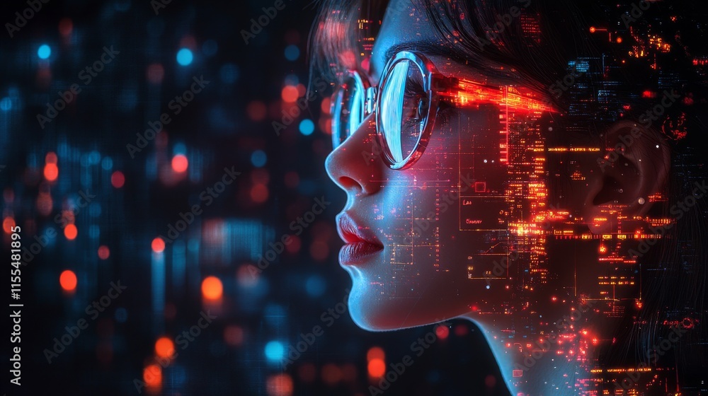 Poster exploring the fusion of technology and humanity with digital overlays in a futuristic setting