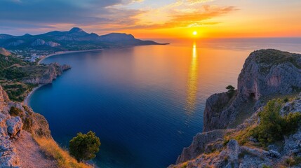 Sunrise Over Coastal Mountains and Sea
