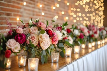Obraz premium Beautiful floral arrangements and candlelight create a romantic atmosphere for an elegant gathering in a spacious venue