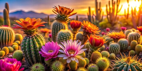 Fototapeta premium Desert Bloom Mirage: Vibrant Cacti and Succulents in Full Bloom with Golden Desert Landscape