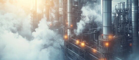 Industrial scene with pipe and smoke, showcasing manufacturing processes.