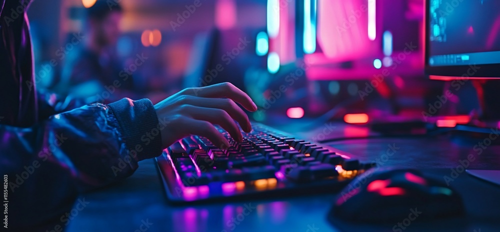 Aufkleber a close-up of hands typing on a colorful keyboard in a gaming environment.
