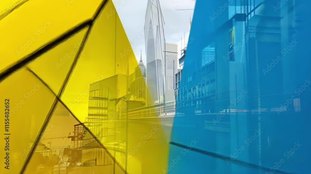 Poster vibrant colors and distorted shapes creating a sense of movement and instability in the urban enviro