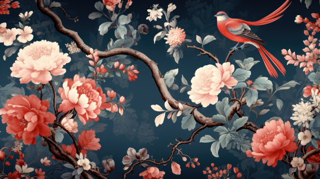 chinoiserie-style wallpaper featuring intricate floral patterns, blooming peonies, and a perched bird on branches against a deep teal background, exuding timeless artistic beauty