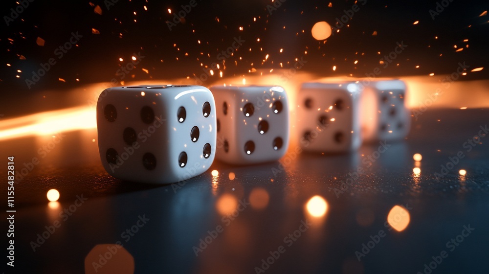 Poster a close-up of four dice on a dark surface with glowing sparks in the background.