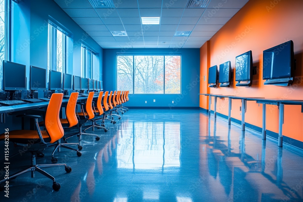 Poster modern classroom designed for technology with rows of computers and bright orange accents in an educ
