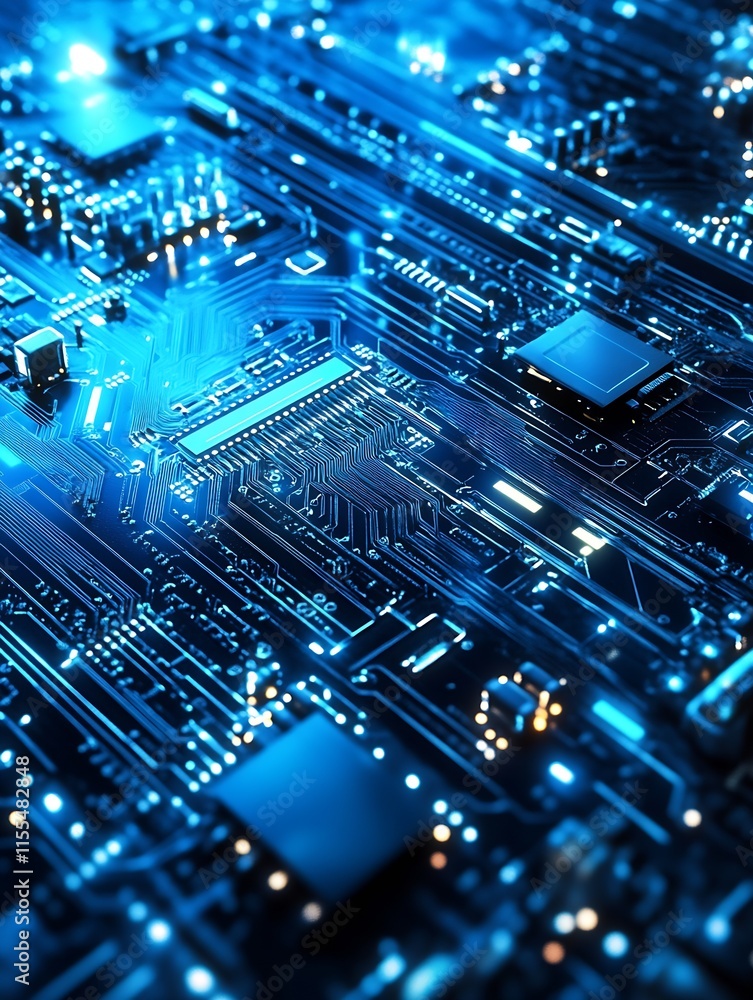 Fototapete Advanced Technology Circuit Board Featuring Blue Lighting and Sophisticated Component Layout : Generative AI