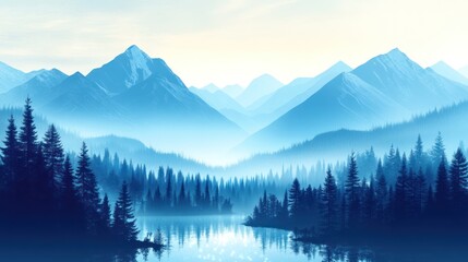 Obraz premium Serene blue mountain lake landscape with misty forest.