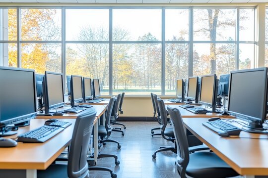 Modern computer lab with multiple workstations and bright natural light during daytime