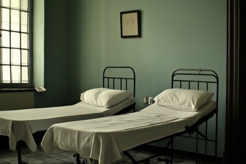 Minimalist hospital room with two metal hospital beds and soft natural light in a tranquil setting