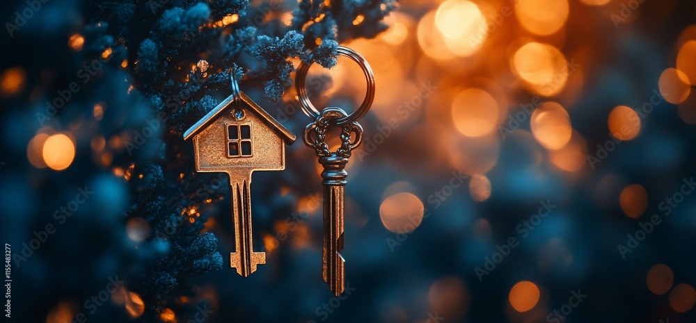 Poster a close-up of house keys hanging on a keyring with a blurred background.