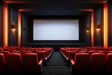 Fototapeta premium Empty theater awaiting the start of a film, featuring red seats and a large white screen