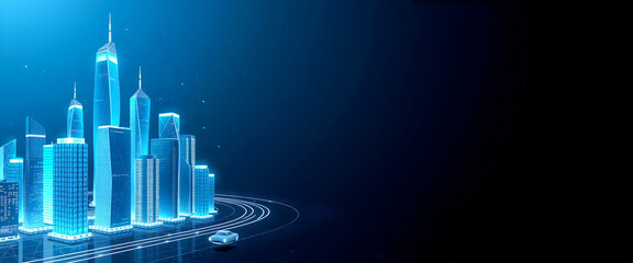 Digital futuristic smart city , Line and Triangle with a Network of Points ,futuristic smart city of Lines and Triangles, Geometric futuristic smart city, Lines, Triangles, copy space