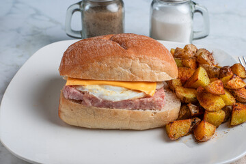 fried egg and spam  breakfast sandwich