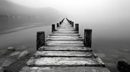 Obraz premium Long wooden pier stretching into foggy lake on cloudy day