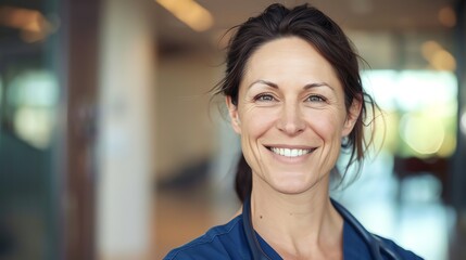 A smiling woman with brown hair and a blue scrubs top is looking at the camera.