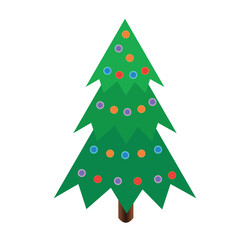 Colored vector illustration of a green Christmas fir tree with balls isolated on a white background