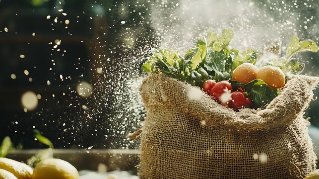 Natural Outdoor Scene with Fresh Produce in Jute Bag Slow Motion Focus on Texture and Color