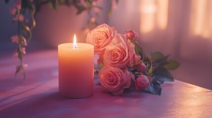 Lit candle beside pink roses on table.