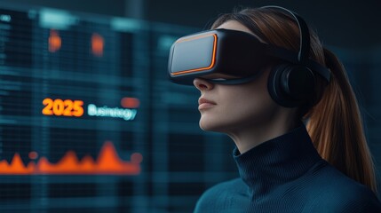 Businesswoman wearing ar headset exploring business strategy projections for year 2025, concept of ar technology and strategic planning