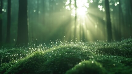Sunbeams Illuminating Dew-Kissed Moss in an Enchanting Forest