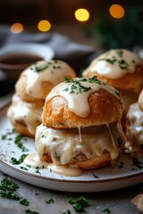 Deliciously Cheesy Garlic Chicken Cheeseburgers with Creamy Sauce, Soft Buns, and Fresh Garnish on a Rustic Table with Cozy Bokeh Lights in the Background