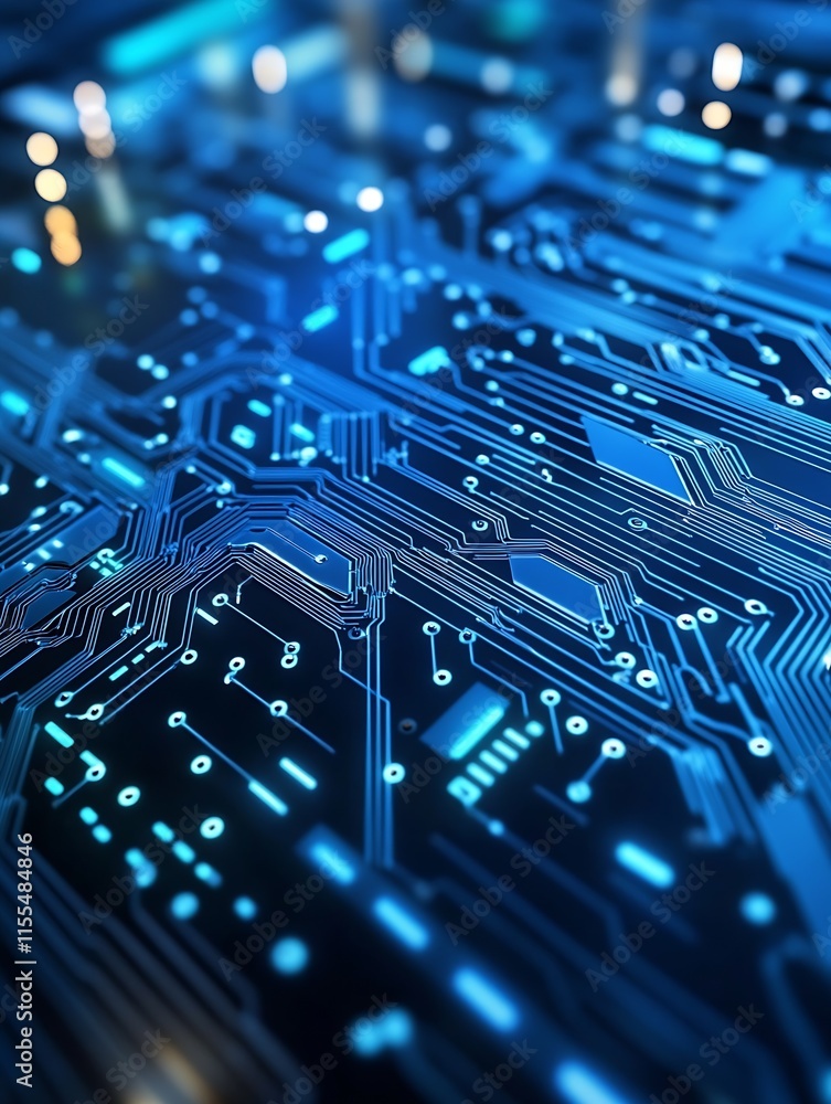Aufkleber High Tech Blue Circuit Board with Microchip Connections and Systems : Generative AI