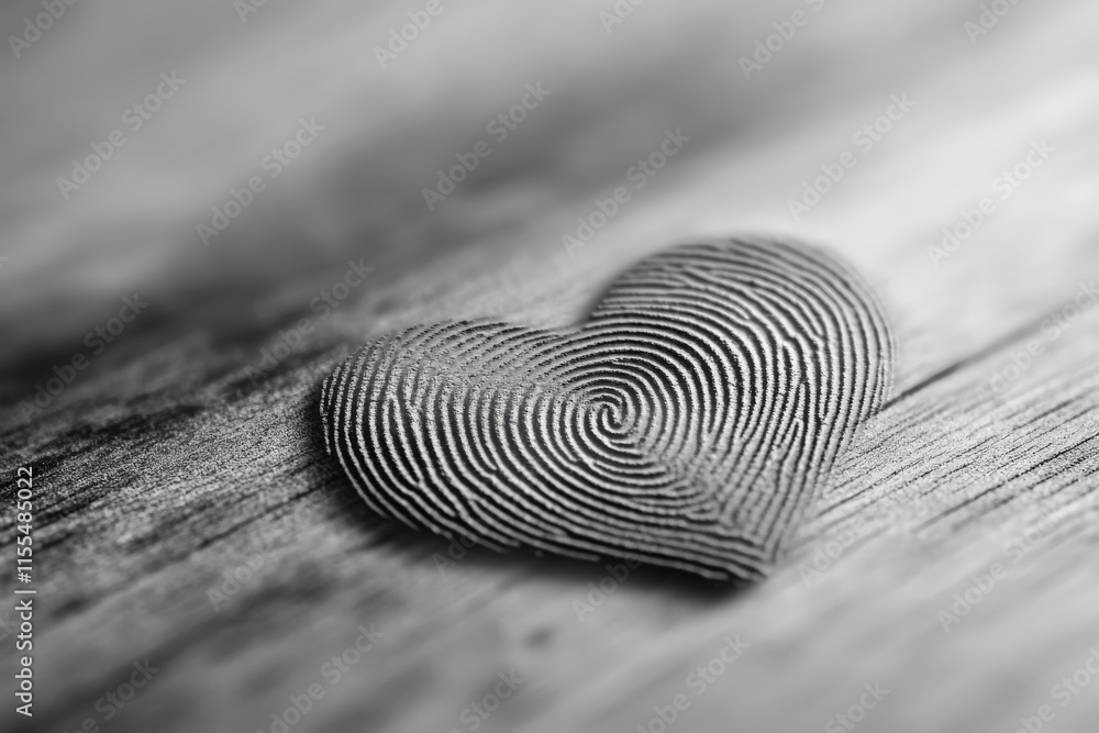 Poster Intricate fingerprint heart placed on weathered wooden surface showcasing unique patterns in black and white