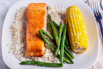 seasoned salmon  served with rice ,