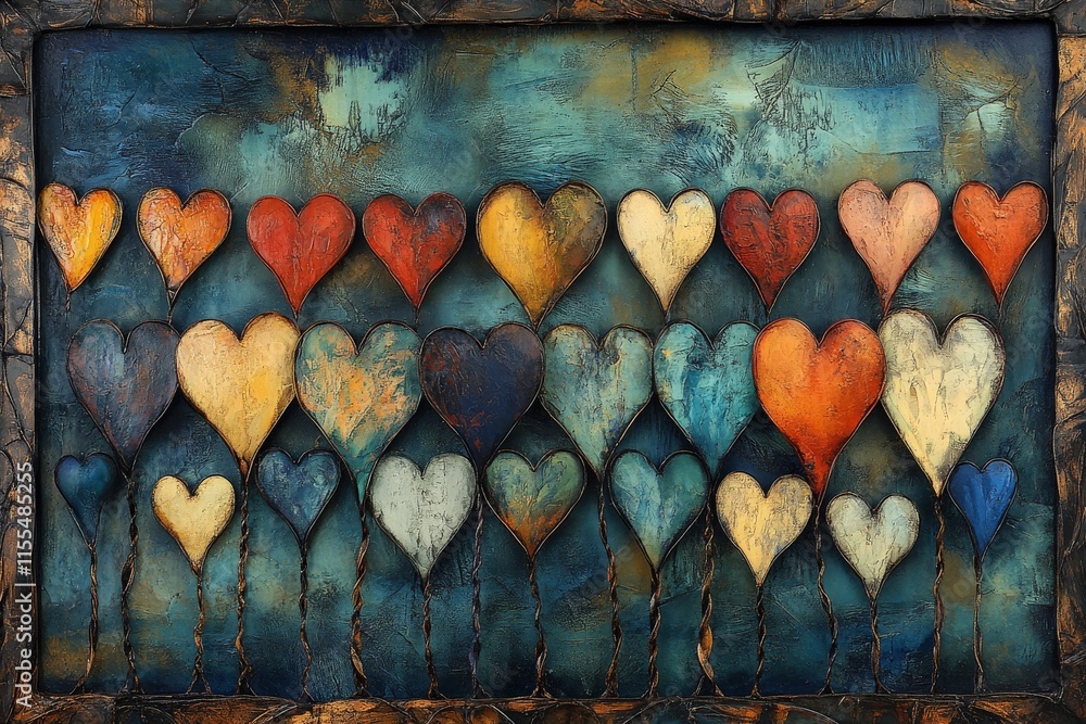 Poster colorful hearts arranged in a whimsical pattern on a textured canvas background