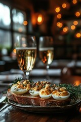 Fototapeta premium Delicious Gubbröra with Eggs and Anchovy Salad on Soft Bread Served with Sparkling Wine in a Cozy Restaurant Setting with Warm Lighting