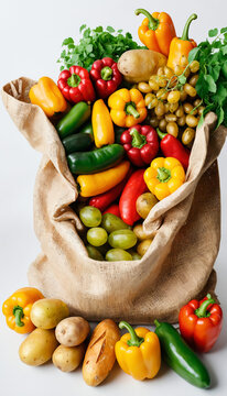 Jute bag full of vegetables isolated on white background
