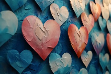 Obraz premium Colorful heart decorations on a textured blue background create a vibrant and cheerful atmosphere for any occasion